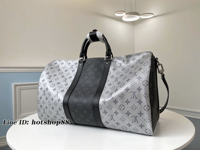 路易威登LV旅行包 M43818 銀色配黑 KEEPALL 50旅行袋 LV旅行袋系列經典款男士旅行袋 xxlv2563